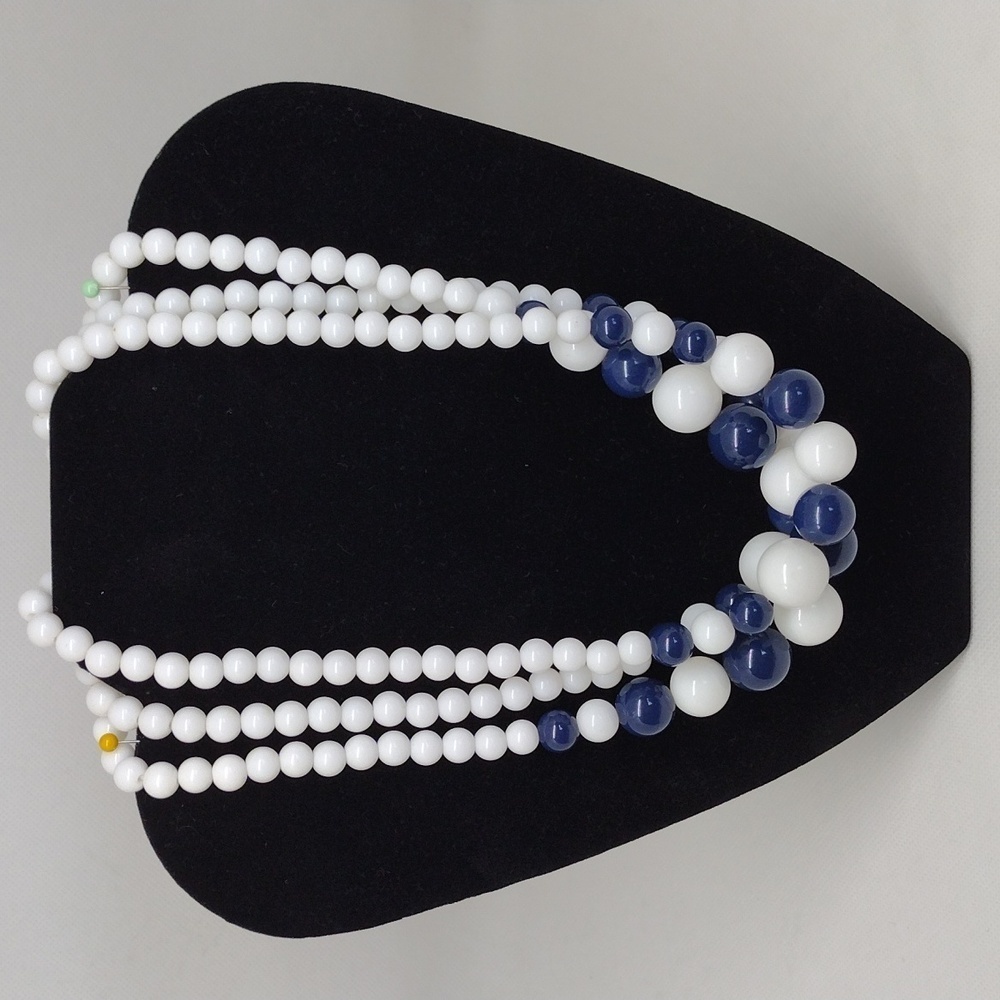Vintage White and Navy Blue 3 Strand‎ Beaded Necklace